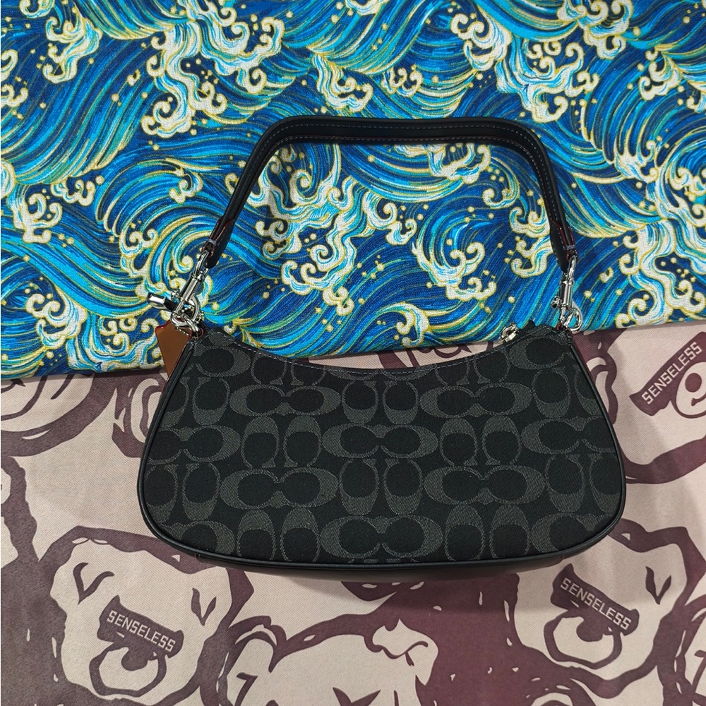 Coach Black Signature Canvas Shoulder Bag with Buckle Pockets - Picture 7 of 14